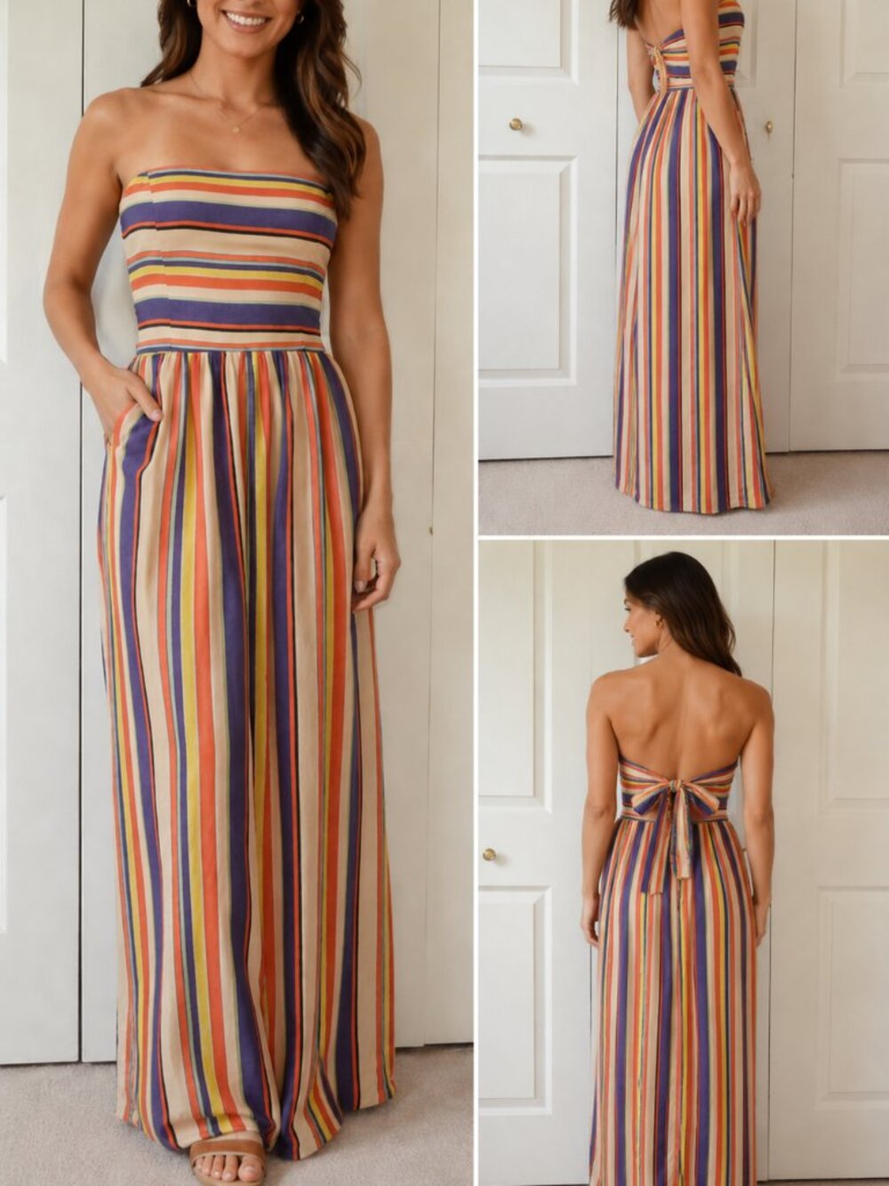 Thereal Social Strapless Rainbow Stripe Maxi Dress Tie Back 100% Cotton Size 2